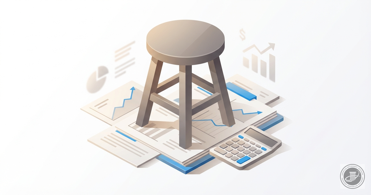 An isometric 3D illustration of a three-legged stool on financial documents and a calculator, symbolizing stable retirement p