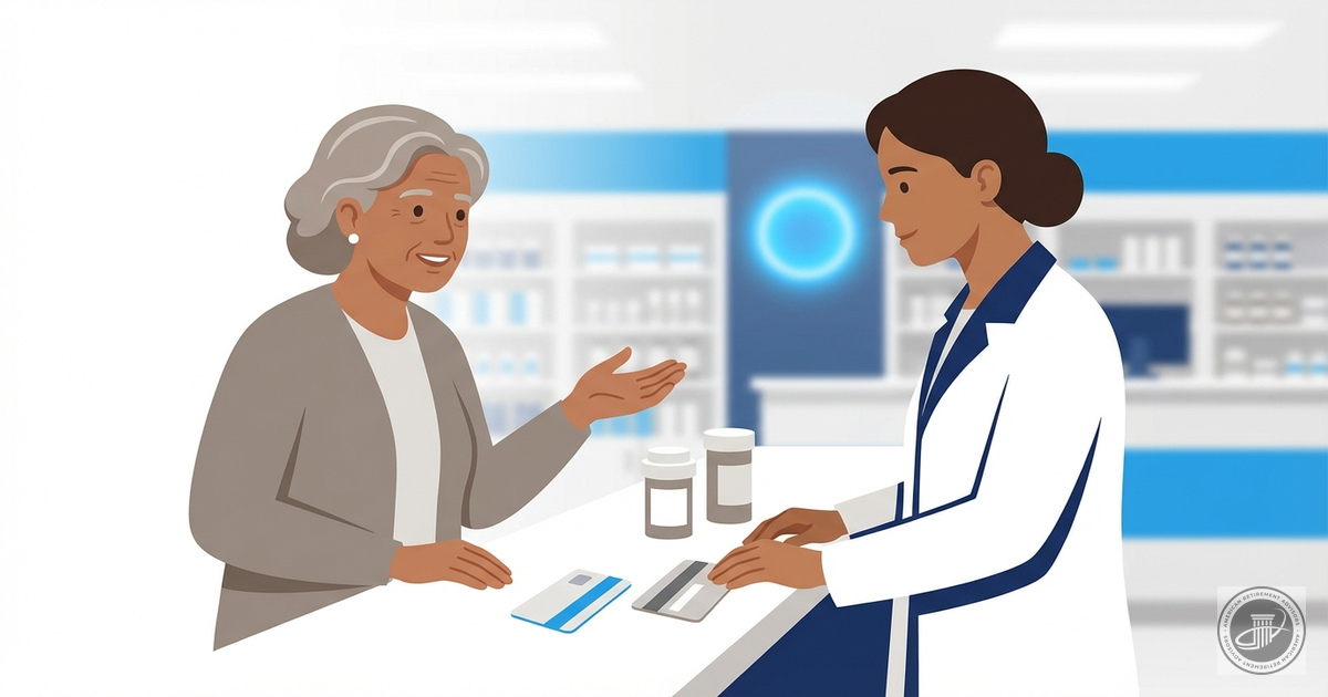 A warm illustration of a senior adult and a friendly pharmacist consulting at a modern pharmacy counter with prescription bot