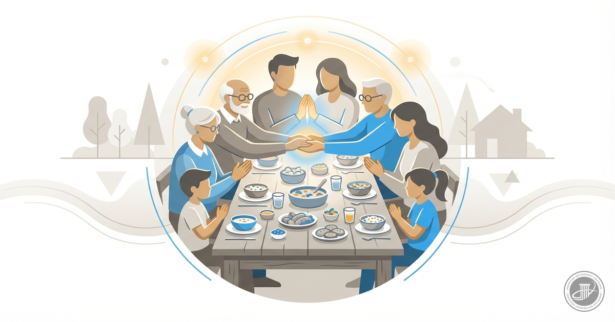 Infographic illustration of a multi-generational family with joined hands at a large table.
