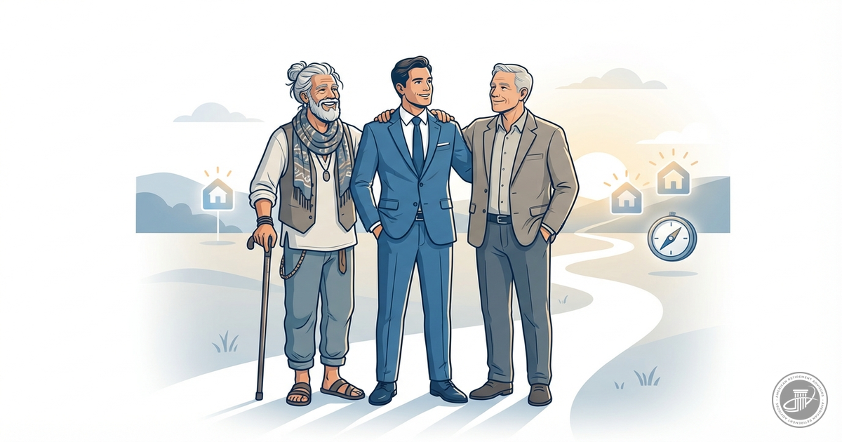 Illustration of three adult brothers of varying styles and ages smiling together outdoors.