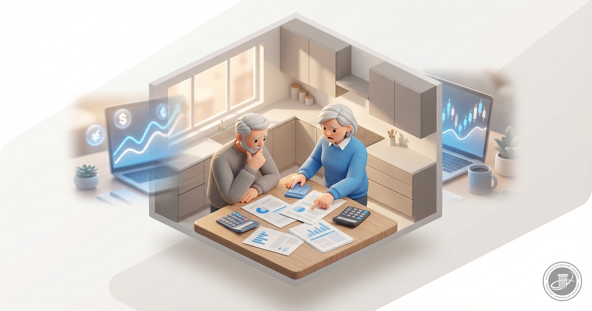 An isometric 3D illustration of a mature couple looking concerned at financial documents on a table with a laptop displaying 