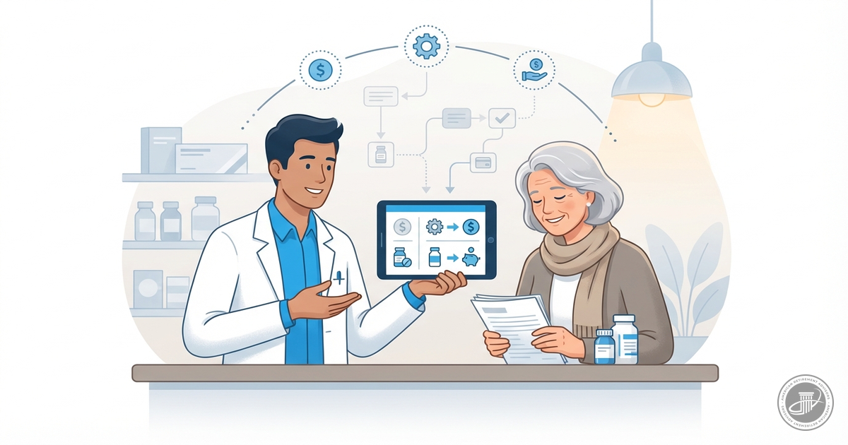 A pharmacist consults with a relieved mature woman about medication savings, illustrated in a clean, professional infographic