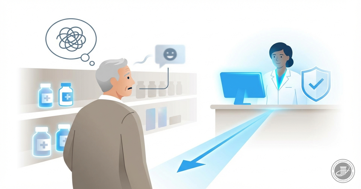 Infographic illustration shows a bewildered older adult in a pharmacy aisle with a thought bubble of tangled lines, while a c