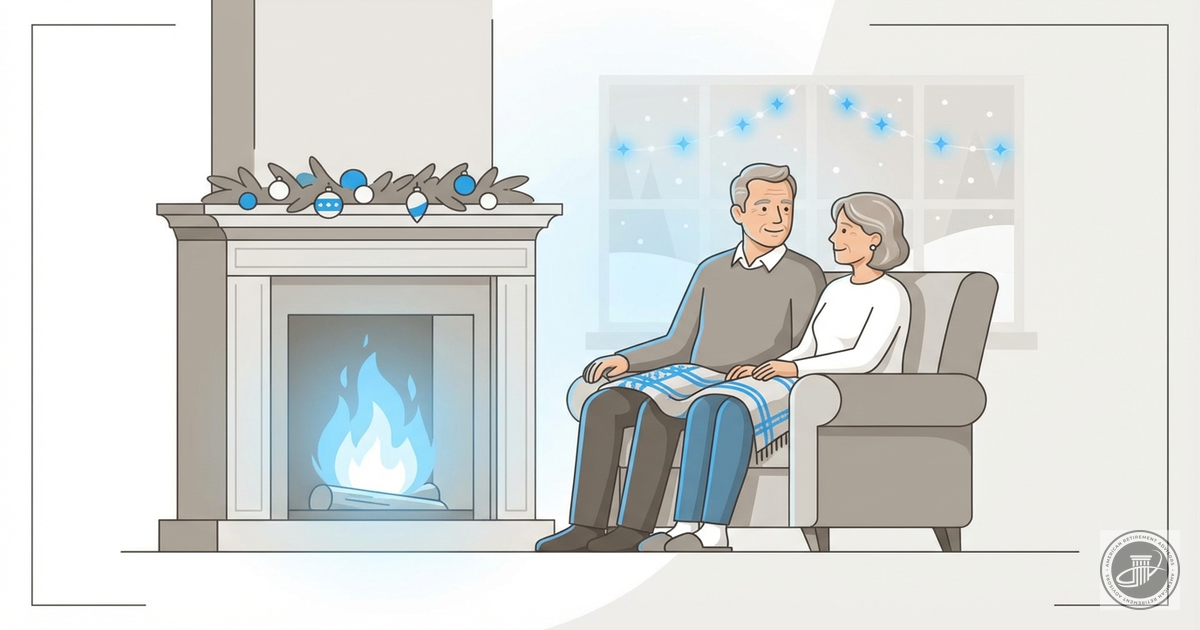 A clean illustration of a mature couple relaxing by a fireplace with subtle holiday lights, rendered in blue, gray, and white