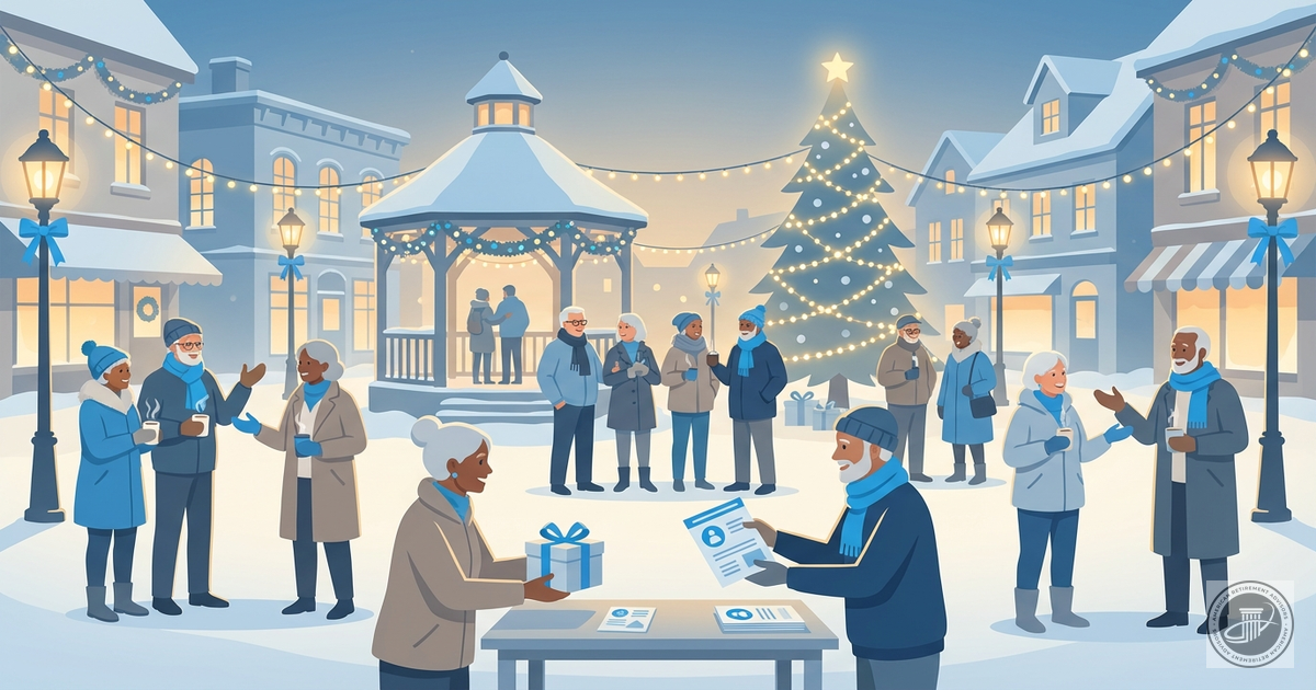 Infographic illustration of a cheerful winter community gathering in a decorated town square, with mature adults sharing conv