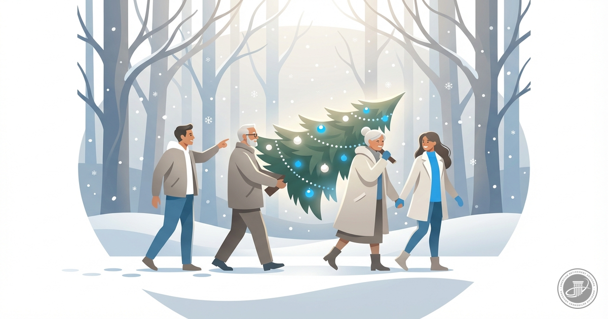 A family carries a Christmas tree through snowy woods in a warm, illustrative style.
