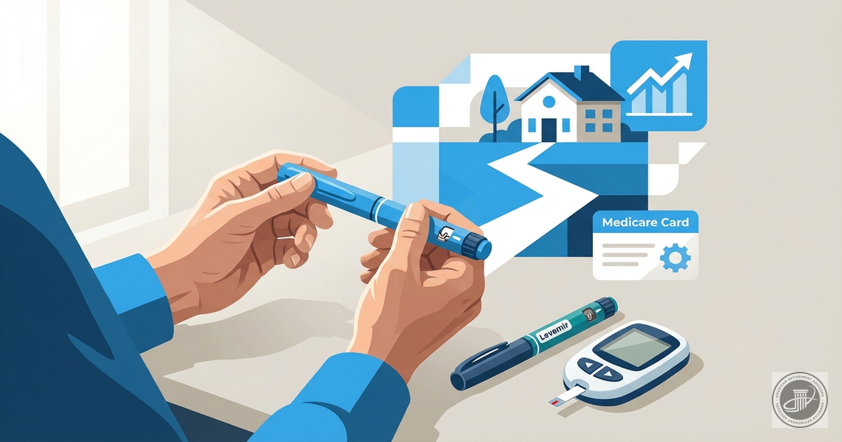 Clean illustration of a confident senior's hands with insulin pens and a monitor, symbolizing empowered retirement health man