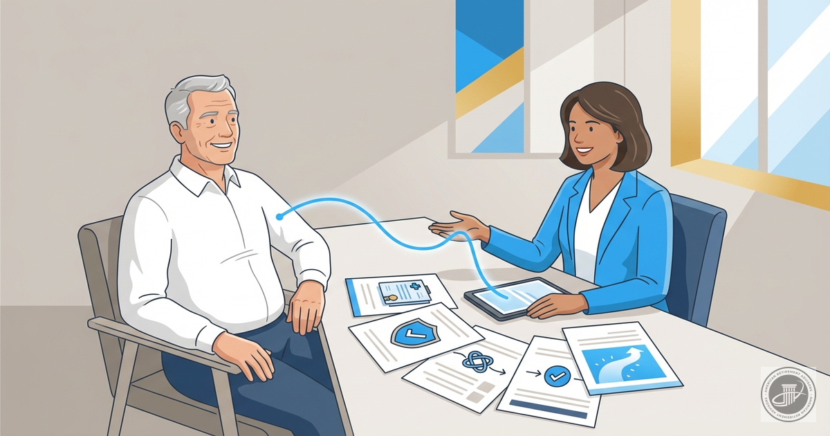 A relieved mature man consults with a friendly Medicare advisor at a desk with stylized documents, illustrating a successful 