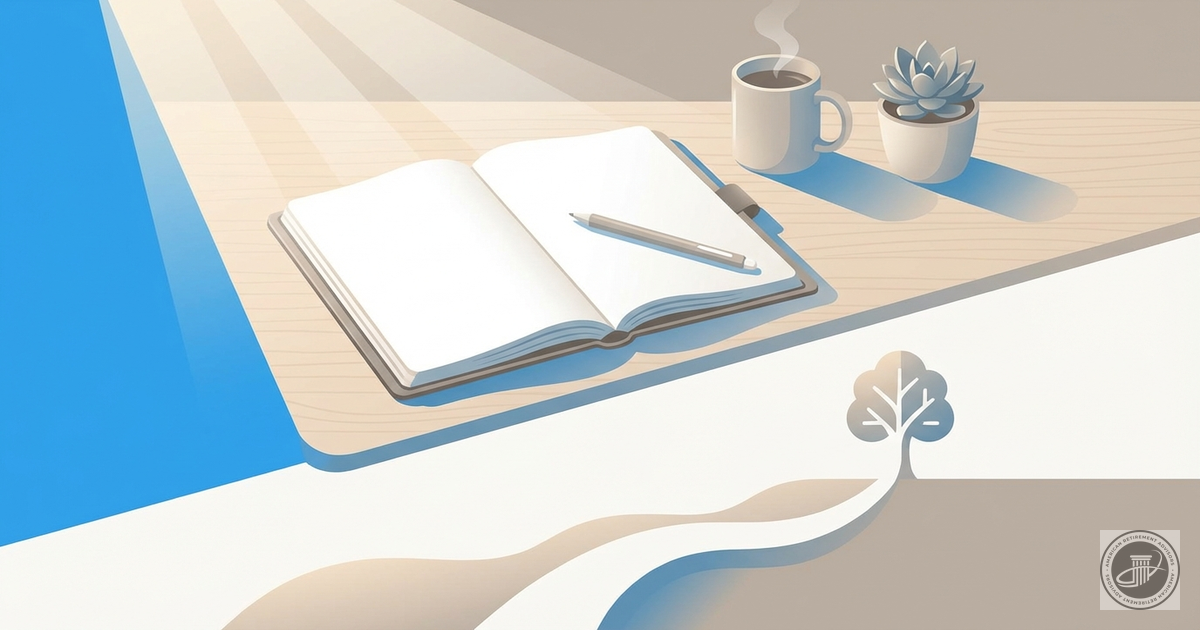 Illustrated desk scene with open planner, pen, coffee cup, and plant in soft light.