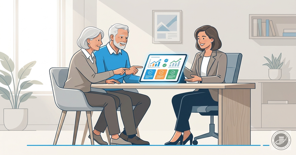 A mature couple reviews Medicare options on a tablet with a friendly advisor at a modern desk, in a clean, professional infog
