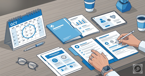 A clean infographic illustration showing mature hands reviewing stylized Medicare documents and a calendar highlighting Octob