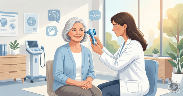 A warm illustration of a mature woman having a hearing checkup with a healthcare provider in a modern clinic.