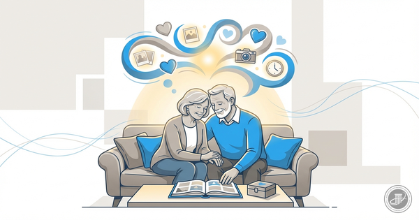 Professional infographic illustration of a mature couple sharing a tender moment with mementos, symbolizing lasting love in r