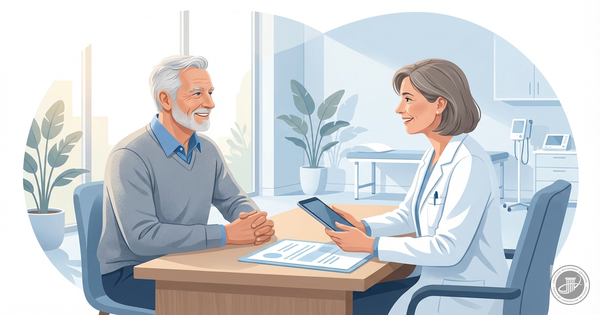 Warm editorial illustration of a mature man and friendly doctor in a modern office, emphasizing proactive health management f