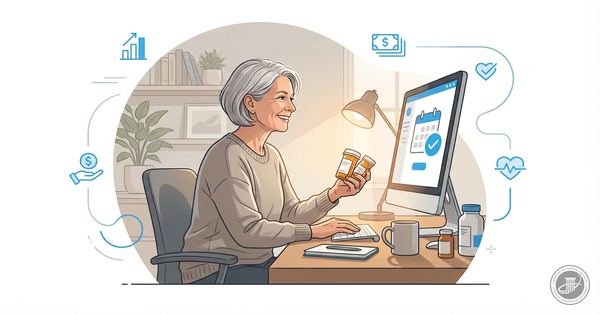 Illustrated infographic of a smiling mature woman at a computer with prescription bottles, in a warm home office.
