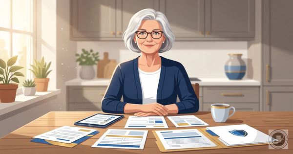 An illustration of a mature woman confidently reviewing Medicare documents at a sunlit kitchen table with blue and gold accen