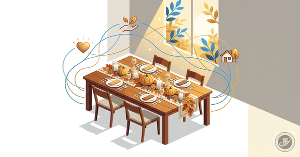 Professional infographic illustration of a warm autumn Thanksgiving table scene with stylized pumpkins and candles, using blu