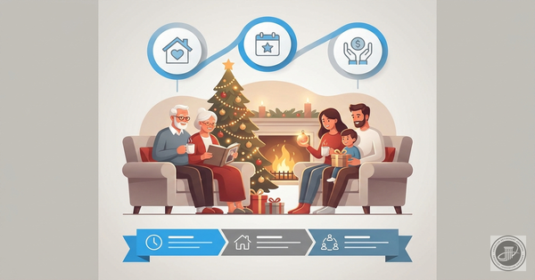 A warm, multi-generational family illustration celebrating holiday traditions in a cozy living room, presented as a clean, in
