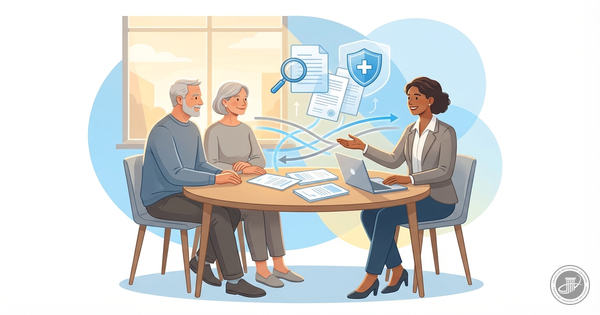 Illustrated couple and advisor at a sunlit kitchen table with documents, conveying healthcare guidance.