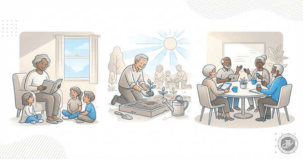 An illustration of active seniors volunteering in three connected panels, using warm grays and blue accents to convey purpose
