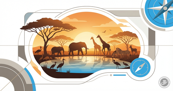 Silhouetted wildlife at a golden hour African watering hole, rendered as a clean, professional infographic illustration with 