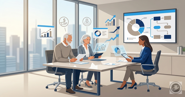 Clean infographic illustration of a mature couple and advisor reviewing retirement plans and RMD strategy at a modern table.