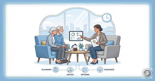 Illustration of a Medicare advisor pointing to materials for a senior couple in a professional office.