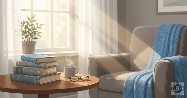 Clean illustration of a cozy reading nook with stacked books, a chair by a sunlit window, and warm light, without any text.