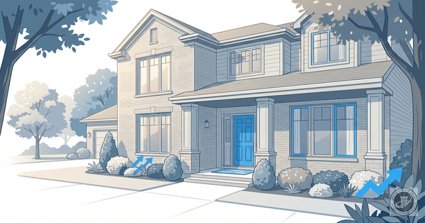 A stylized infographic illustration of a stable suburban home front entrance with a 'Home Sweet Home' welcome mat, rendered i