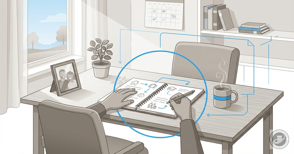 Illustrated hands write in a notebook on a cozy, well-lit home office desk with a coffee cup and soft natural light.