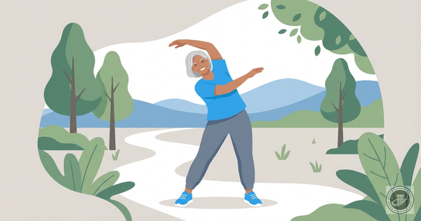 A modern editorial illustration of a smiling older adult with silver hair gently stretching outdoors in a park setting.