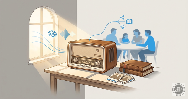 Stylized illustration of a vintage radio on a table with warm light, subtle graphic lines connecting it to figures and books.