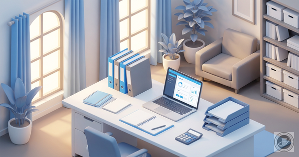 A clean isometric 3D illustration of a home office with organized financial documents, a laptop, and a calculator under warm 