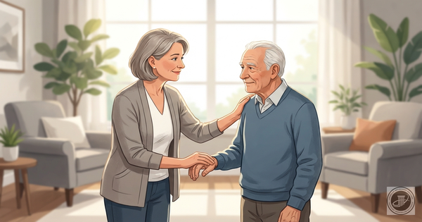 A caring mature woman holds the hand of an elderly man in a sunlit, cozy living room, rendered in a modern editorial illustra