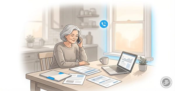 A professional illustration shows a relieved mature woman on a phone call at a sunlit kitchen table, surrounded by Medicare d