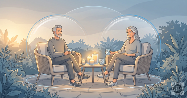Mature couple relaxing on a patio at dusk with glowing citronella candles in a mosquito-free setting.