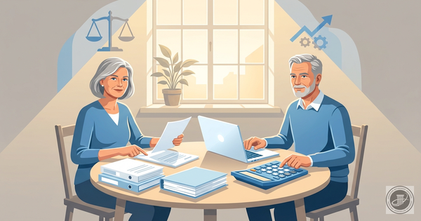 A professional infographic illustration of a mature couple reviewing finances at a sunlit table, conveying control over retir
