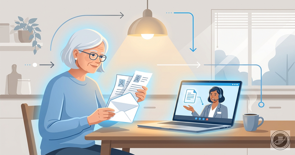 An illustrated senior woman at a table with mail, on a video call with a specialist, under warm light.