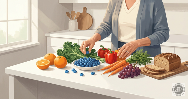 A modern editorial illustration of mature hands selecting fresh produce and whole grains from a clean white counter for a ret