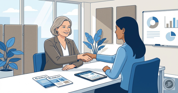 A smiling mature woman in a blazer shakes hands with a female advisor across a desk with Medicare booklets in a warm, sunlit 