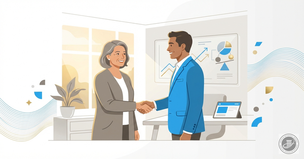 Illustration of a relieved woman shaking hands with an advisor in a bright office, symbolizing a resolved retirement plan.