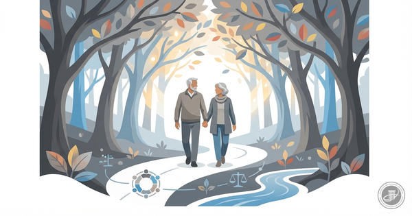 Illustration of a mature couple walking through stylized autumn trees in warm grays and blues, with subtle infographic elemen