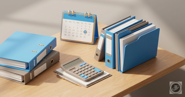 Isometric 3D illustration of a modern wooden desk with organized financial documents, a calculator, a pen, and a calendar sho