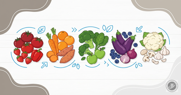 Illustrated top-down view of a rainbow array of fresh fruits and vegetables arranged by color on a white wooden table with bl