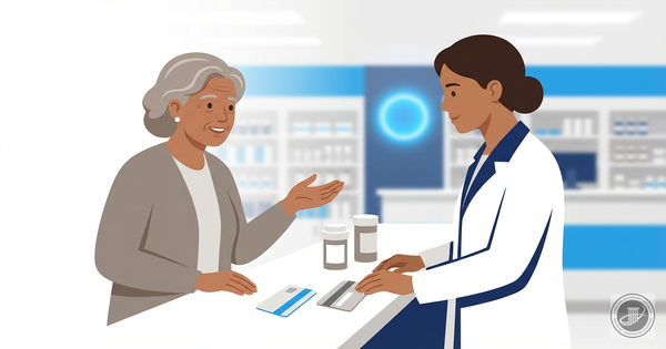 A warm illustration of a senior adult and a friendly pharmacist consulting at a modern pharmacy counter with prescription bot