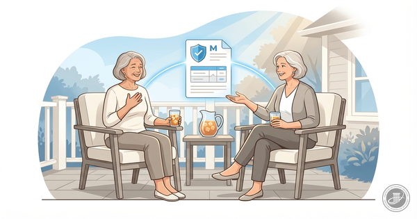 An infographic illustration of two mature women on a sunny porch, one gratefully receiving Medicare advice from the other.