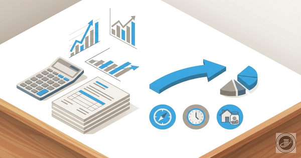 Infographic illustration showing a stylized retirement portfolio with charts, graphs, and a calculator, emphasizing a sustain