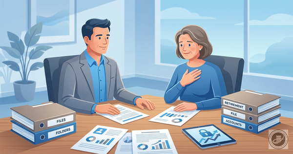 A compassionate financial advisor and a relieved middle-aged woman sit at a desk with organized documents in a professional, 